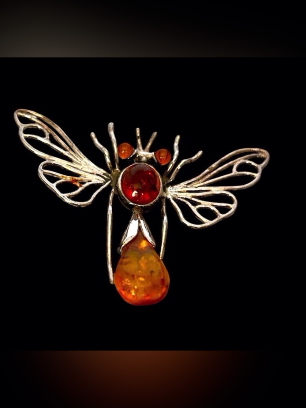 Vintage Amber Dragonfly Pin in Silver Tone Setting. Pre owned